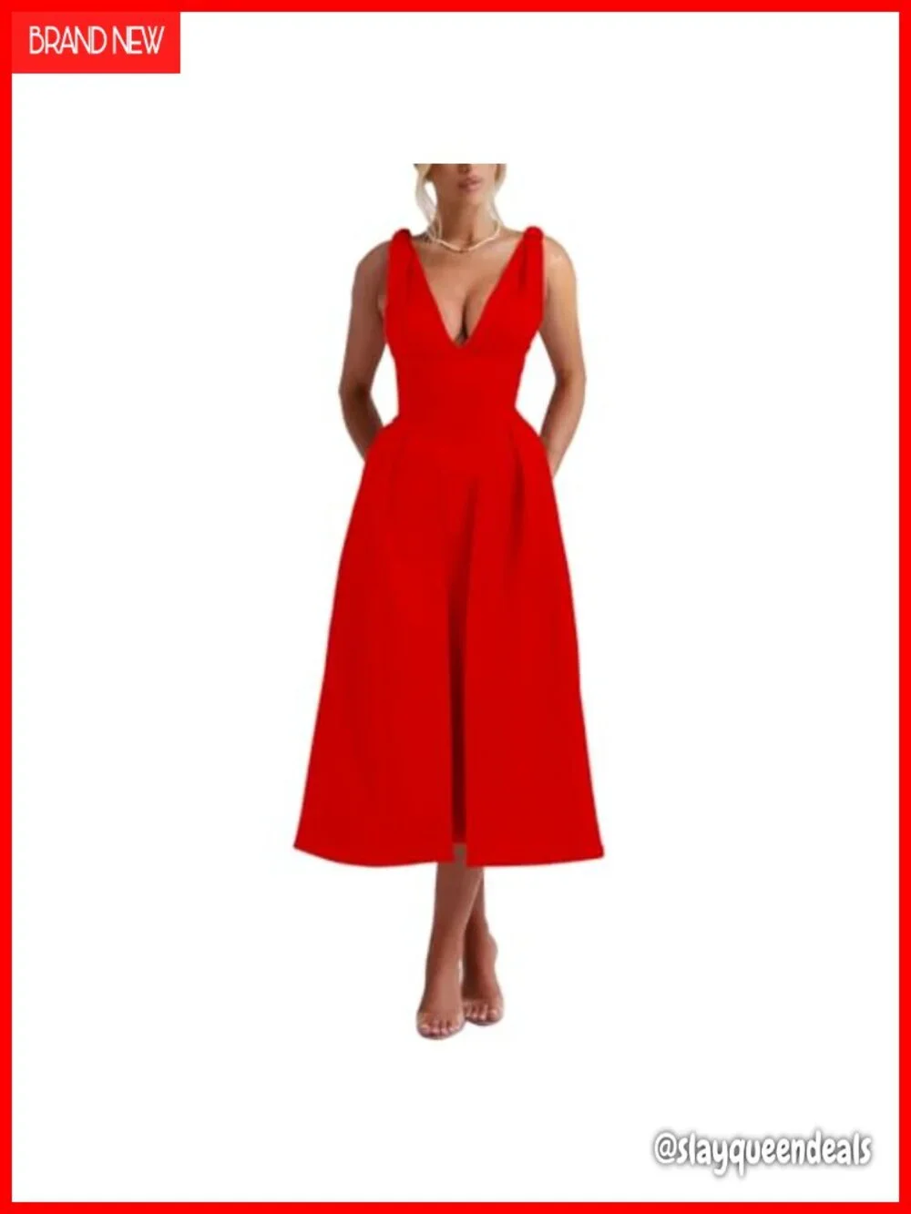 Women's Sleeveless Deep V-Neck 1950s Retro Vintage A-Line Swing Maxi Dress with